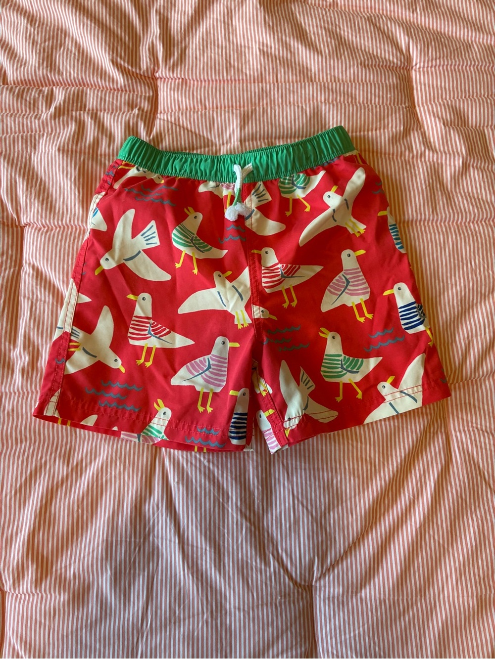 Boden Kids Red Seagull Print Swim/Beach Shorts with Green Waistband